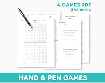 Juegos de mano y bolígrafo / Tic Taco Toe, Hangman, Connect 4, Dots and Boxes PDF imprimible / Juegos divertidos / Tamaño carta de EE. UU. - Tamaño A4