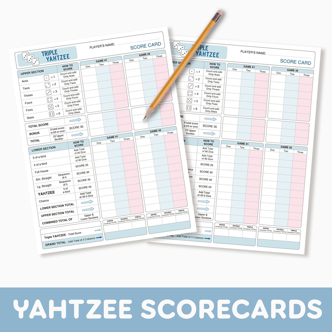 Triple Yahtzee Scorecard Yahtzee/yardzee Scoresheet Printable PDF Dice Game US Letter Size 8