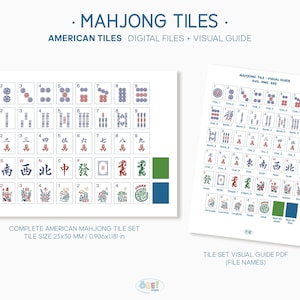 Puede incluir: Un juego completo de fichas de Mahjong americano y una gu&iacute;a visual. Las fichas miden 2,3 x 3,0 cm. La imagen incluye el texto "MAHJONG TILES" y "AMERICAN TILES + DIGITAL FILES + VISUAL GUIDE."
