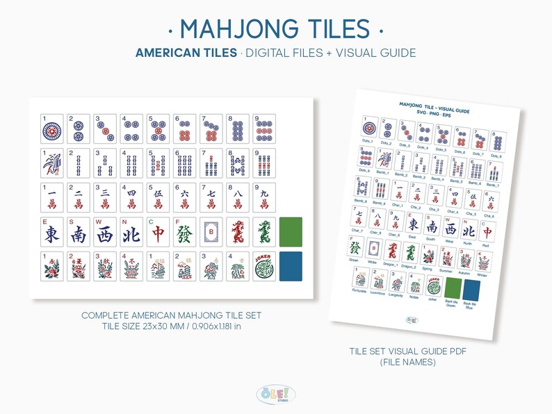 Puede incluir: Un juego completo de fichas de Mahjong americano y una gu&iacute;a visual. Las fichas miden 2,3 x 3,0 cm. La imagen incluye el texto "MAHJONG TILES" y "AMERICAN TILES + DIGITAL FILES + VISUAL GUIDE."