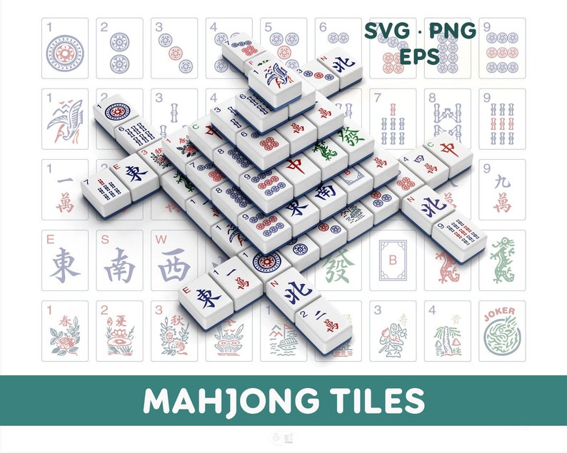 Puede incluir: Un conjunto de fichas de Mahjong blancas con s&iacute;mbolos y caracteres rojos, azules y verdes, dispuestas en forma de pir&aacute;mide y cruz. La imagen incluye naipes con varios dise&ntilde;os y el texto "MAHJONG TILES".