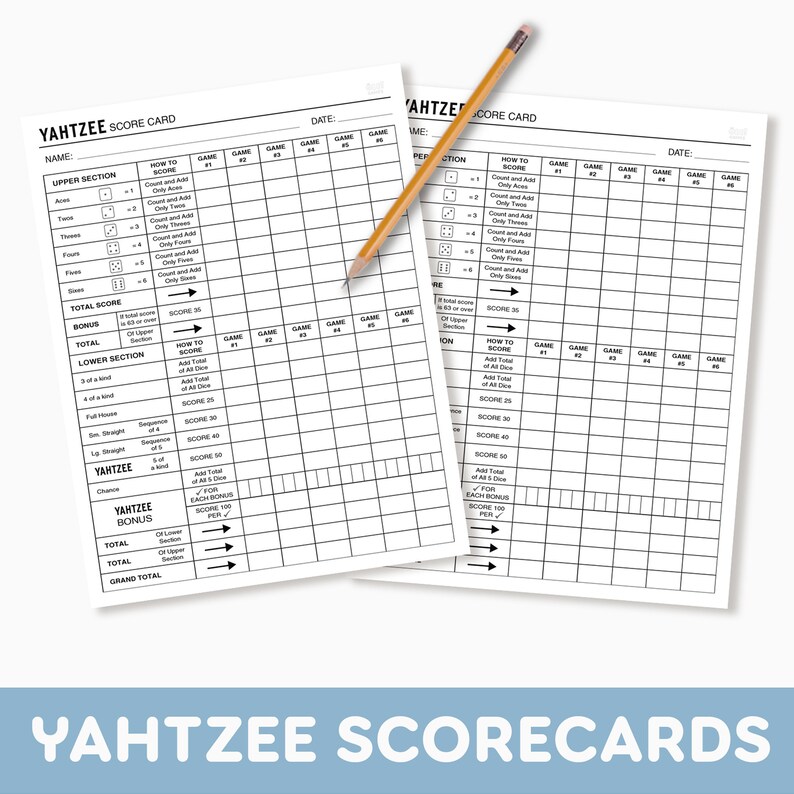 Classic Yahtzee Scorecard Yahtzee/yardzee Scoresheet Etsy