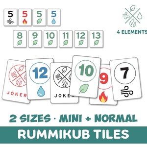 Può includere: Tessere Rummikub con numeri, simboli e la parola "JOKER". Le tessere mostrano i numeri 5, 7, 8, 9, 10, 11, 12 e 13, insieme a simboli che rappresentano i quattro elementi. È visibile anche il testo "4 ELEMENTS".