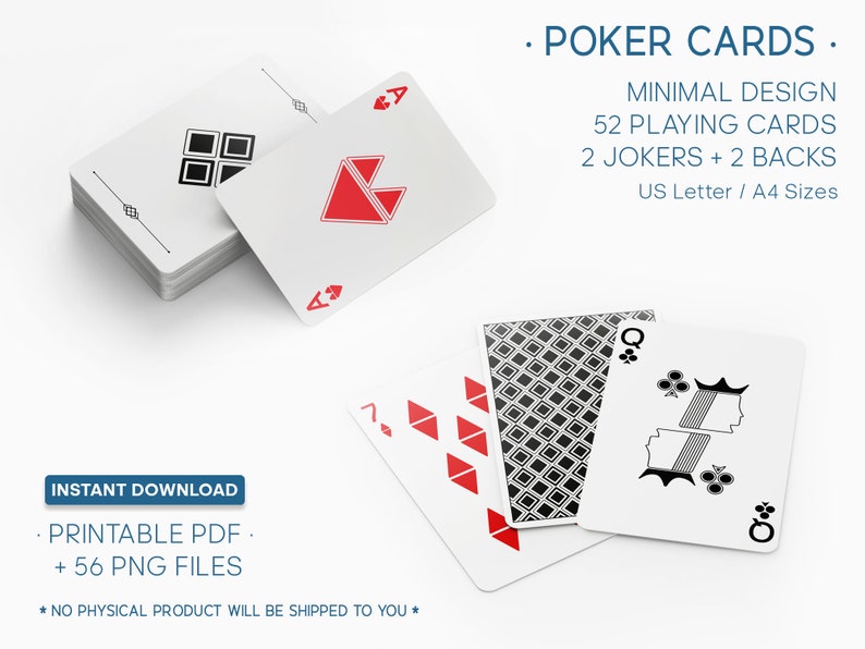 56 Poker Playing Cards | Printable PDF PNG| Card Game | A4 & US Letter Size - Etsy