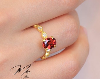 Garnet Ring I Gold Garnet Solitaire Ring I Oval Cut Genuine Red Ring I Engagement Red Gemstone Ring I Delicate Garnet Ring I Gift For Him