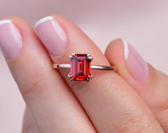 Garnet Ring I 14K Rose Gold Engagement Red Ring I Emerald Cut Garnet Ring I January Birthstone Jewelry I Mothers Day Gift I Gift For Her