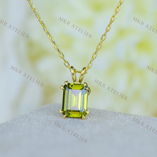 14k Solid Gold Peridot Necklace, Genuine Rectangle Peridot Necklace, August Birthstone Jewelry, Anniversary Gift, Necklace For Women