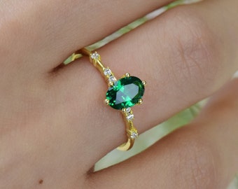 14k Gold Oval Cut Emerald Ring, Emerald Engagement Ring, May Birthstone Ring, Dainty Emerald Ring, Gift For Her, Mothers Day Gift
