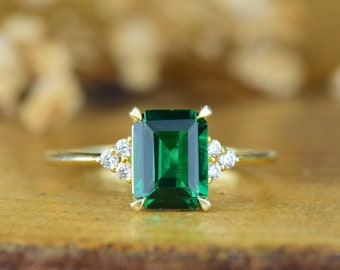 14K Gold Emerald Ring I Emerald Cut Engagement Ring I Emerald Gemstone Ring I Green Birthstone Ring I Mothers Day Gift I Anniversary Gift