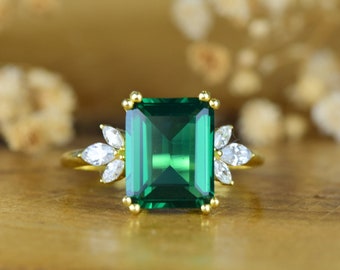 14K Solid Gold Emerald Ring I  Emerald Cut Engagement Ring I Green Promise Ring I May Birthstone Ring I Gift For Her I Mothers Day Gift