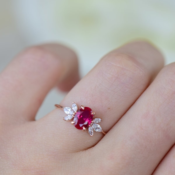 14K Solid Rose Gold Ruby Engagement Ring, Oval Cut Ruby Ring, July Birthstone Ring, Dainty Red Gemstone Anniversary Ring, Mothers Day Gift