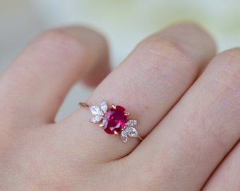 14K Solid Rose Gold Ruby Engagement Ring, Oval Cut Ruby Ring, July Birthstone Ring, Dainty Red Gemstone Anniversary Ring, Mothers Day Gift