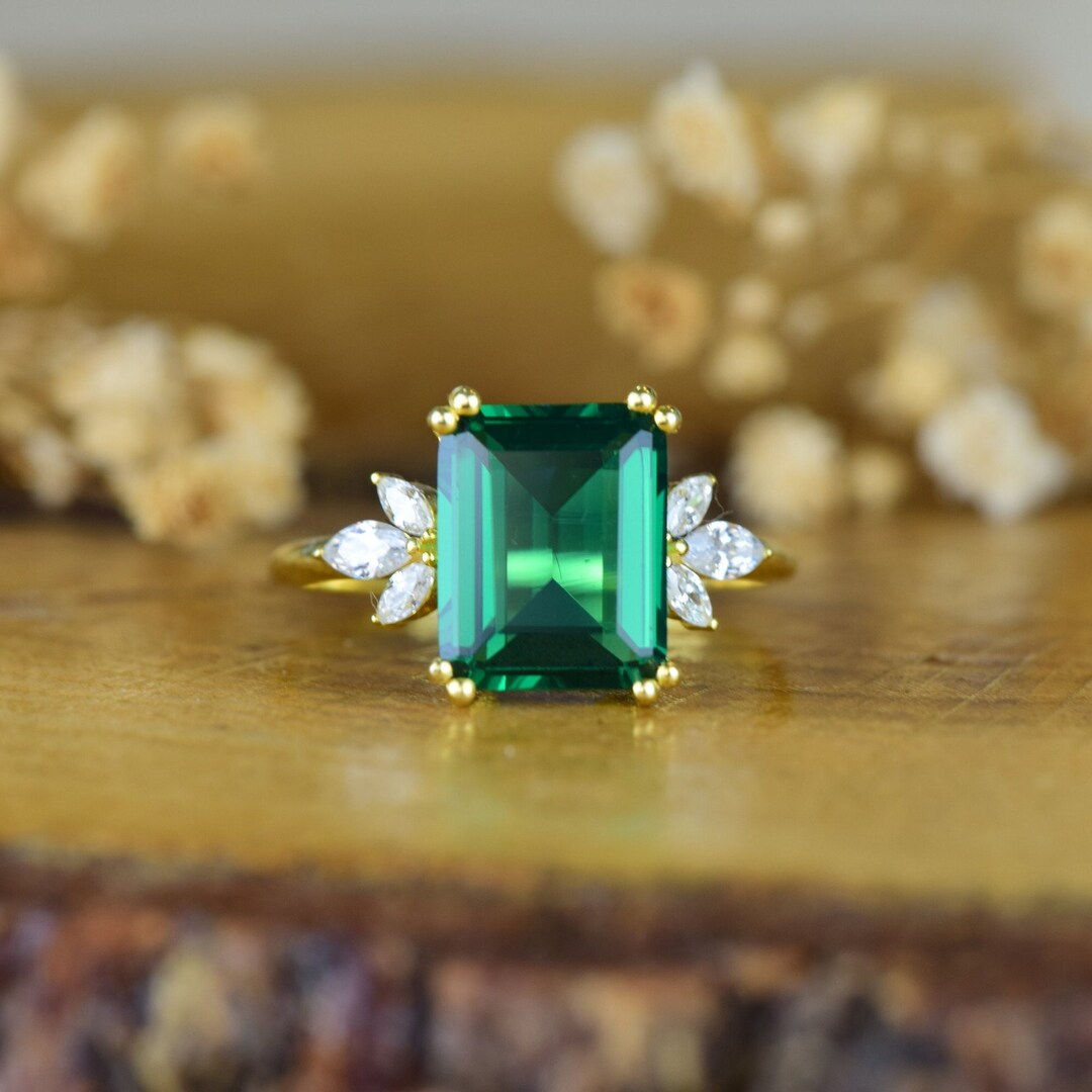 14K Solid Gold Emerald Ring, Emerald Cut Engagement Ring, Green Promise