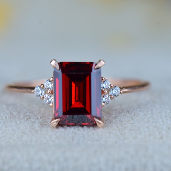 14K Solid Rose Gold Garnet Ring I Engagement Emerald Cut Garnet Ring I Dainty Garnet Ring I Gemstone Garnet Ring I Mothers Day Gift