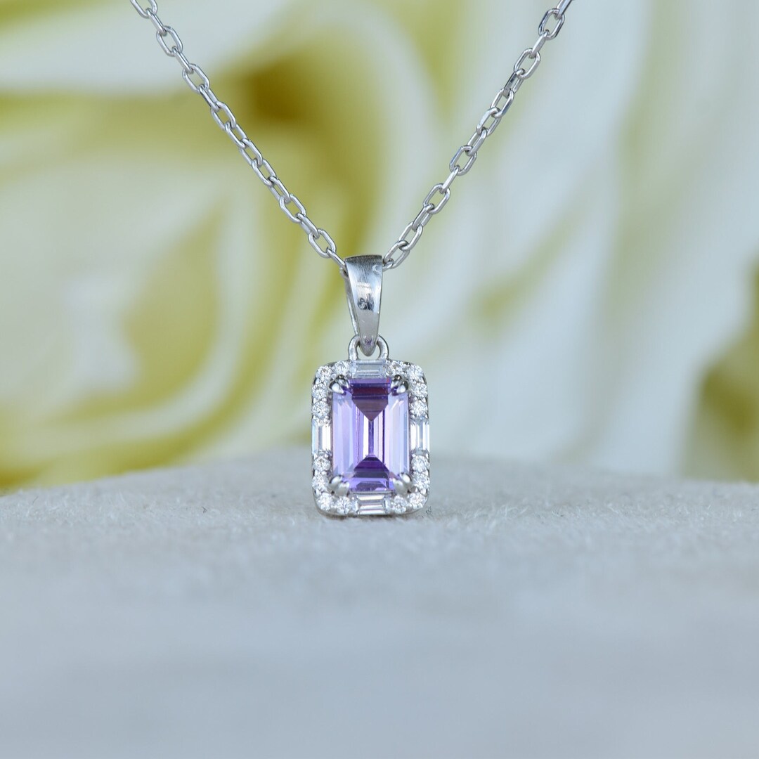 Emerald Cut Amethyst Necklace, Delicate Solid Gold Amethyst Pendant