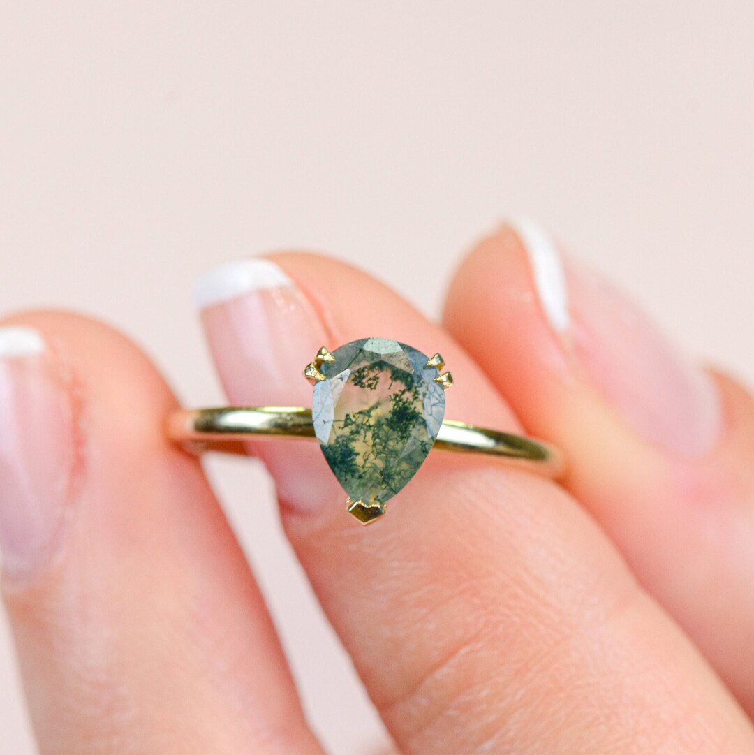 Moss Agate Ring I Natural Green Moss Agate Ring for Women, Pear Cut ...