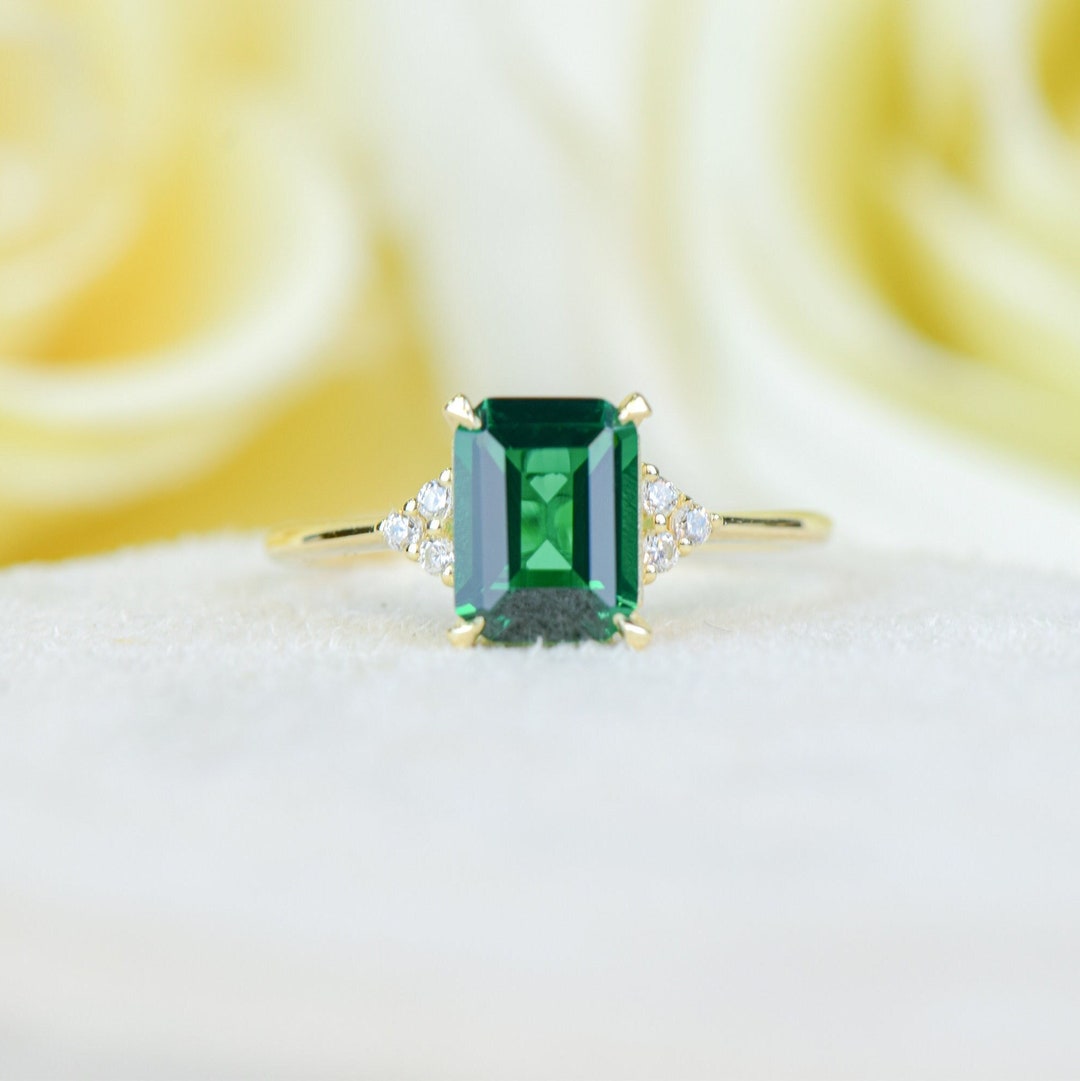 14K Gold Emerald Ring, Green Promise Ring, Emerald Cut Engagement Ring