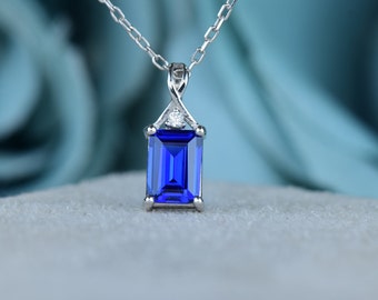 14K Solid Gold Sapphire Necklace, Dainty Emerald Cut Sapphire Necklace, September Birthstone Necklace, Gift For Her, Mothers Day Gift