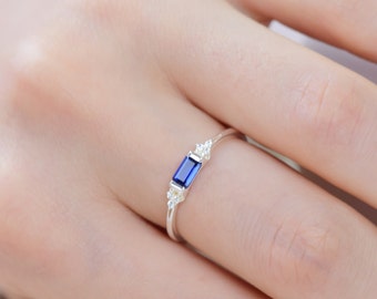 Diamond Baguette Sapphire Engagement Ring, Solid Gold Thin Sapphire Wedding Ring, Dainty Statement Ring, Anniversary Ring, Mothers Day Gift