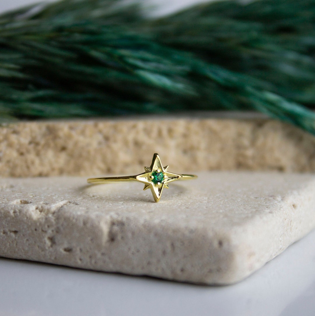 Star Promise Rings Sterling Silver Emerald Ring, North Star Ring, Star and Moon, Promise ...