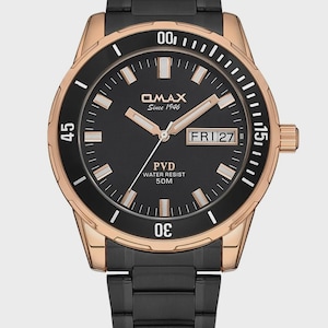 OMAX HERENHORLOGE Seiko uurwerk, chronograaf, roségoud verguld, zwarte wijzerplaat en band, waterbestendig