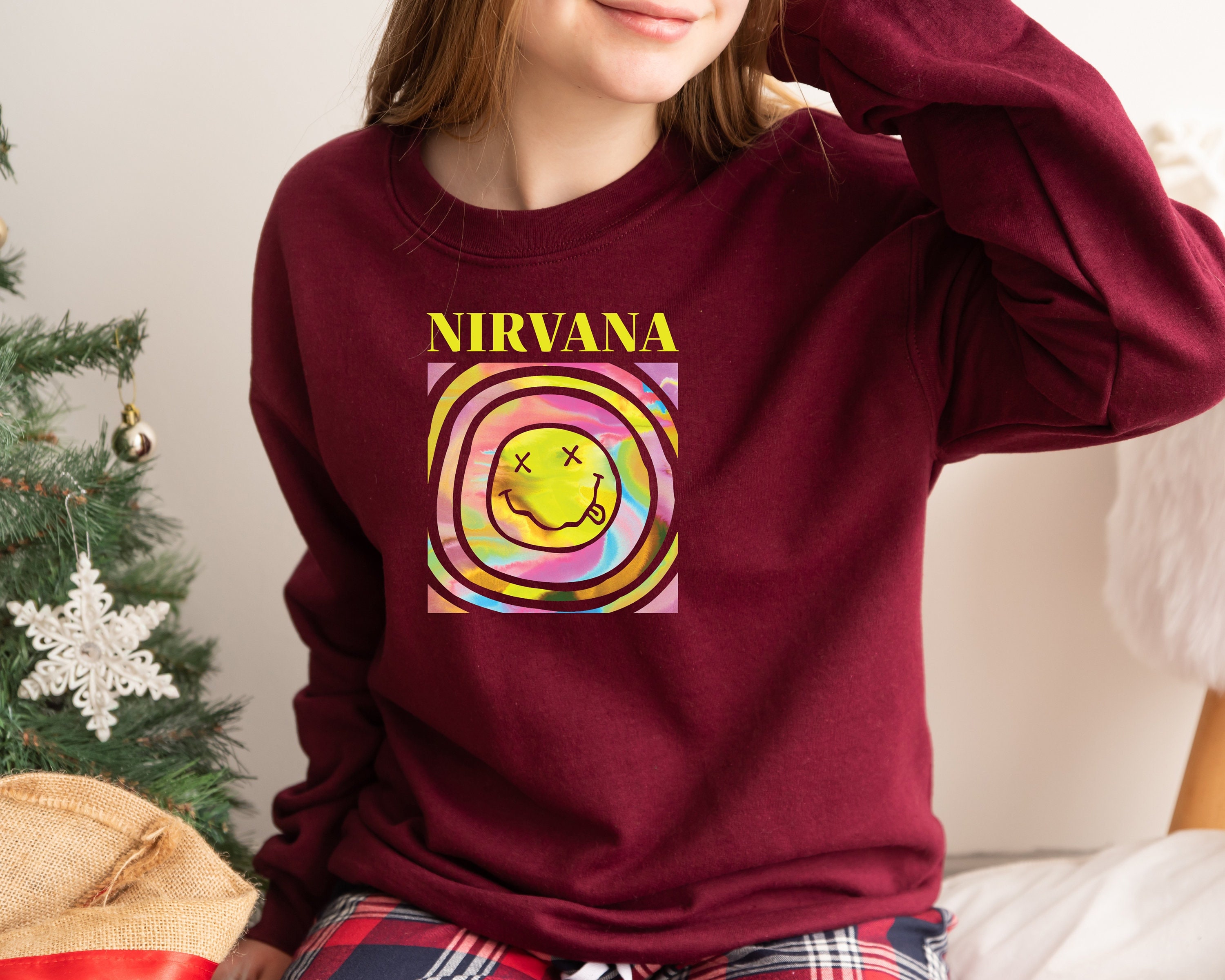 Discover Nirvana Smiley Face Crewneck Sweatshirt, Nirvana Sweatshirt, Preppy Sweatshirt
