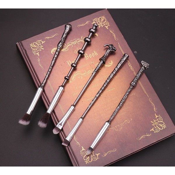 Enchanted Black Magical Flawless Makeup Brush Set 5PCS. Harry Potter Theme Handmade Die Cast Plated Handle, Makeup Brush Gift