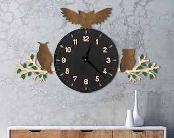 Reloj de pared de búho, Reloj de pared de pájaro, Reloj de pared de madera con pájaro, Reloj de pared de vida salvaje, Reloj de pared de madera natural, Reloj de árbol con búho