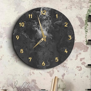 Gray wall clock, Stone wall clock, Printed wall clock, Unique wall clock home decor, Decorative clock,Black wall clock wood,Minimalist clock