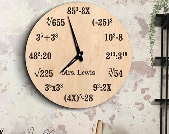数学用壁掛け時計、数学用時計、学校の壁掛け時計、教師用壁掛け時計、数学用壁掛けアート、数学教師への贈り物、代数学教師への贈り物