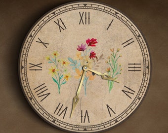 Wildflower wall clock, Three flower print wall clock, Country floral clock, Folk floral clock, Botanical wall clock, Boho floral clock