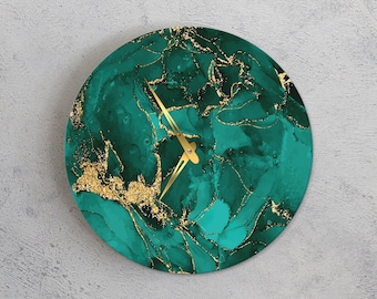 Marble wall clock, Green and Gold wall clock, Turquoise wall clock, Oversized wall clock, Silent wall clock, Large wall clock non ticking