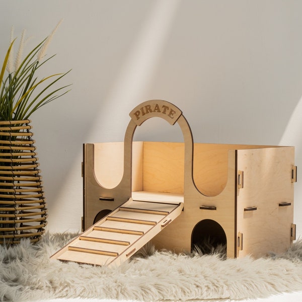 Guinea pig house with ramp, Wooden Guinea pig castle, Wooden rabbit house, Chinchilla house, Guinea pig furniture, Hamster house