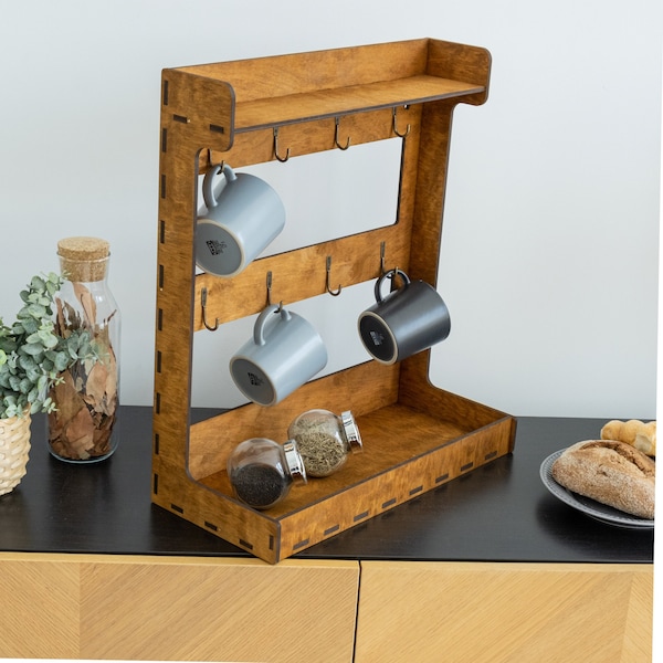 Wooden coffee mug rack, Wooden Coffee Mug, Coffee mug holder stand, Coffee cup display rack, Mug rack for wall, Countertop mug