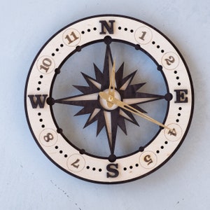 Compass wall clock, Nautical wall clock, Coastal wall clock, Man Cave wall clock, Beach wall clock, Marine clock, Wooden wall clock