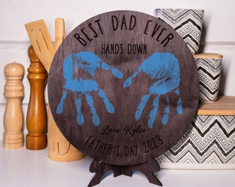 El mejor cartel de manos de papá, el mejor papá de todos los tiempos, cartel de madera de manos abajo, impresión de mano de regalo del día del padre, regalo de huella de mano para niños, huella de mano para papá