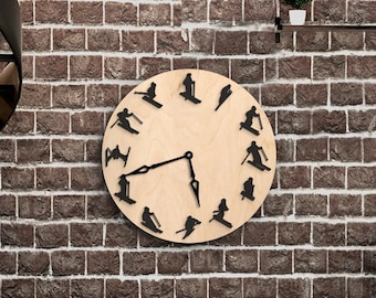 Relojes de pared de esquí, Decoración de pared de esquí, Reloj de esquí, Reloj de pared de esquí, Reloj de madera de esquí, Arte de pared de esquiador, Esquí alpino, Reloj de esquí personalizado, Regalo de esquiador