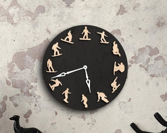 Reloj de pared de snowboard, Decoración de pared de snowboard, Arte de pared de snowboard, Regalos de snowboard, Reloj de pared de madera, Reloj hecho a mano, Reloj único