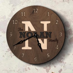 Custom family name wall clock, Monogrammed clock, Family name clock, Rustic wood clock engrave, Anniversary clock, Wedding wall clock