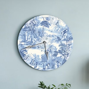Toile de Jouy wall clock, French wall clock, Large wall clock unique, Floral wall clock, Wall clock with roman numerals, Vintage wall clock