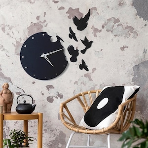 Birds wall clock, Black wall clock, Unique wall clock, Decorative wall clock, Wodern wall clock large, Nature wall clock, Dove clock