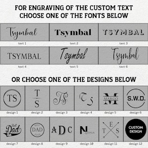 Pode incluir: Imagem mostrando op&ccedil;&otilde;es de fontes e designs para grava&ccedil;&atilde;o personalizada. A se&ccedil;&atilde;o superior exibe seis estilos de fonte, enquanto a se&ccedil;&atilde;o inferior apresenta doze op&ccedil;&otilde;es de design, incluindo iniciais, monogramas e texto. O texto diz: "PARA GRAVAR O TEXTO PERSONALIZADO ESCOLHA UMA DAS FONTES ABAIXO" e "OU ESCOLHA UM DOS DESIGNS ABAIXO."