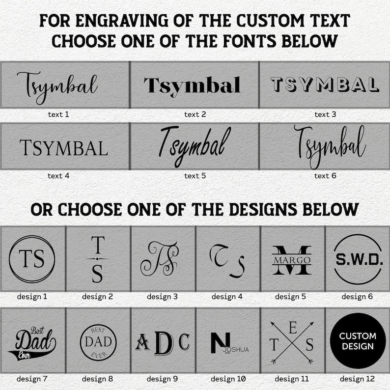 Pode incluir: Imagem mostrando op&ccedil;&otilde;es de fontes e designs para grava&ccedil;&atilde;o personalizada. A se&ccedil;&atilde;o superior exibe seis estilos de fonte, enquanto a se&ccedil;&atilde;o inferior apresenta doze op&ccedil;&otilde;es de design, incluindo iniciais, monogramas e texto. O texto diz: "PARA GRAVAR O TEXTO PERSONALIZADO ESCOLHA UMA DAS FONTES ABAIXO" e "OU ESCOLHA UM DOS DESIGNS ABAIXO."