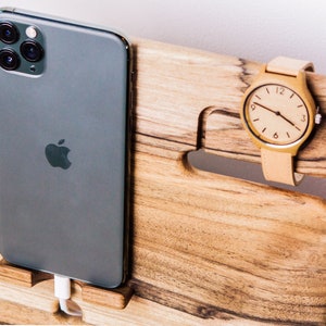 Soporte para teléfono celular como regalo del Día del Padre, Estación de acoplamiento de madera para hombres, Regalos de madera para hombres, Estación de acoplamiento de madera para Apple Watch, Organizador de mesita de noche