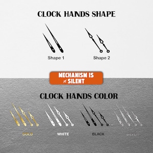 K&ouml;nnte beinhalten: Bild, das Uhrzeiger in zwei Formen und vier Farben zeigt: Gold, Wei&szlig;, Schwarz und Silber. Der Text weist auf einen ger&auml;uschlosen Mechanismus hin. Die Uhrzeiger werden vor einem wei&szlig;en und grauen Hintergrund dargestellt.