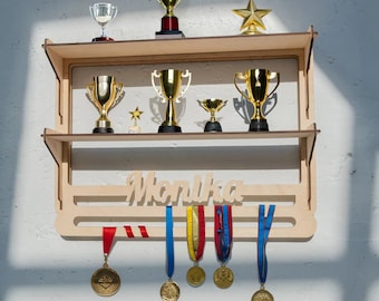 Wooden medal holder with shelf, Personalized trophy shelf, Custom medal display, Custom medal rack, Wood medal hanger, Race medal holder