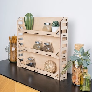Especiero de madera para montaje en pared, Especiero de cocina, Expositor de especias, Soporte para tarros de especias, Organizador de especias, Estantes para especias, Especiero colgante
