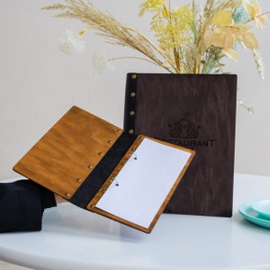 Funda de madera para menú, Carpeta de cuero para menú de restaurante, Menú de restaurante personalizado, Porta menú de cafetería, Porta menú personalizado, Porta menú rústico