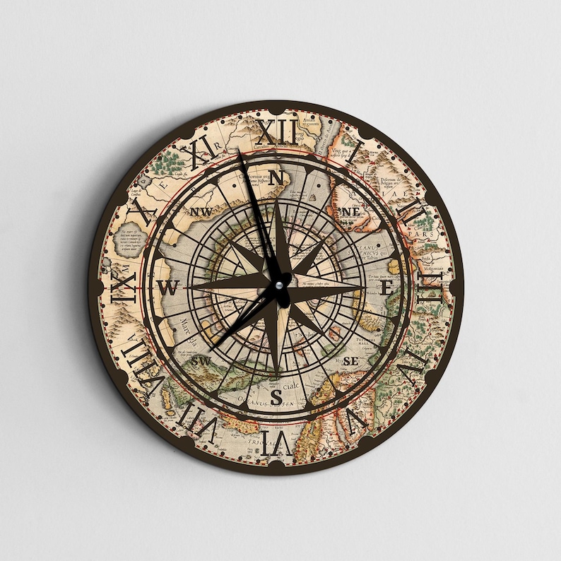 Compass Rose Wall Clock, Compass Wall Clock, Rose Wind Clock, World Map ...