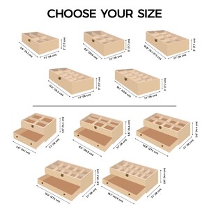 Pode incluir: Uma sele&ccedil;&atilde;o de caixas de armazenamento de madeira de v&aacute;rios tamanhos e designs. As caixas bege t&ecirc;m detalhes castanhos, com dimens&otilde;es em polegadas e cent&iacute;metros. O texto "CHOOSE YOUR SIZE" &eacute; exibido no topo.